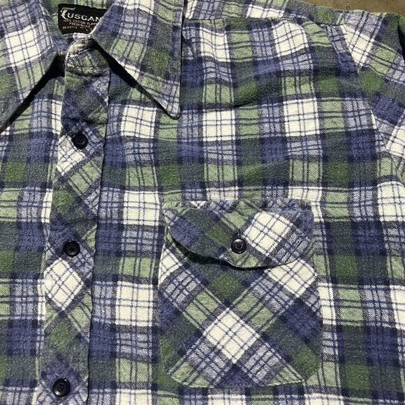 Vintage 70s Tuscany Green/Blue Plaid Cotton Flannel Shirt - Picture 2 of 3